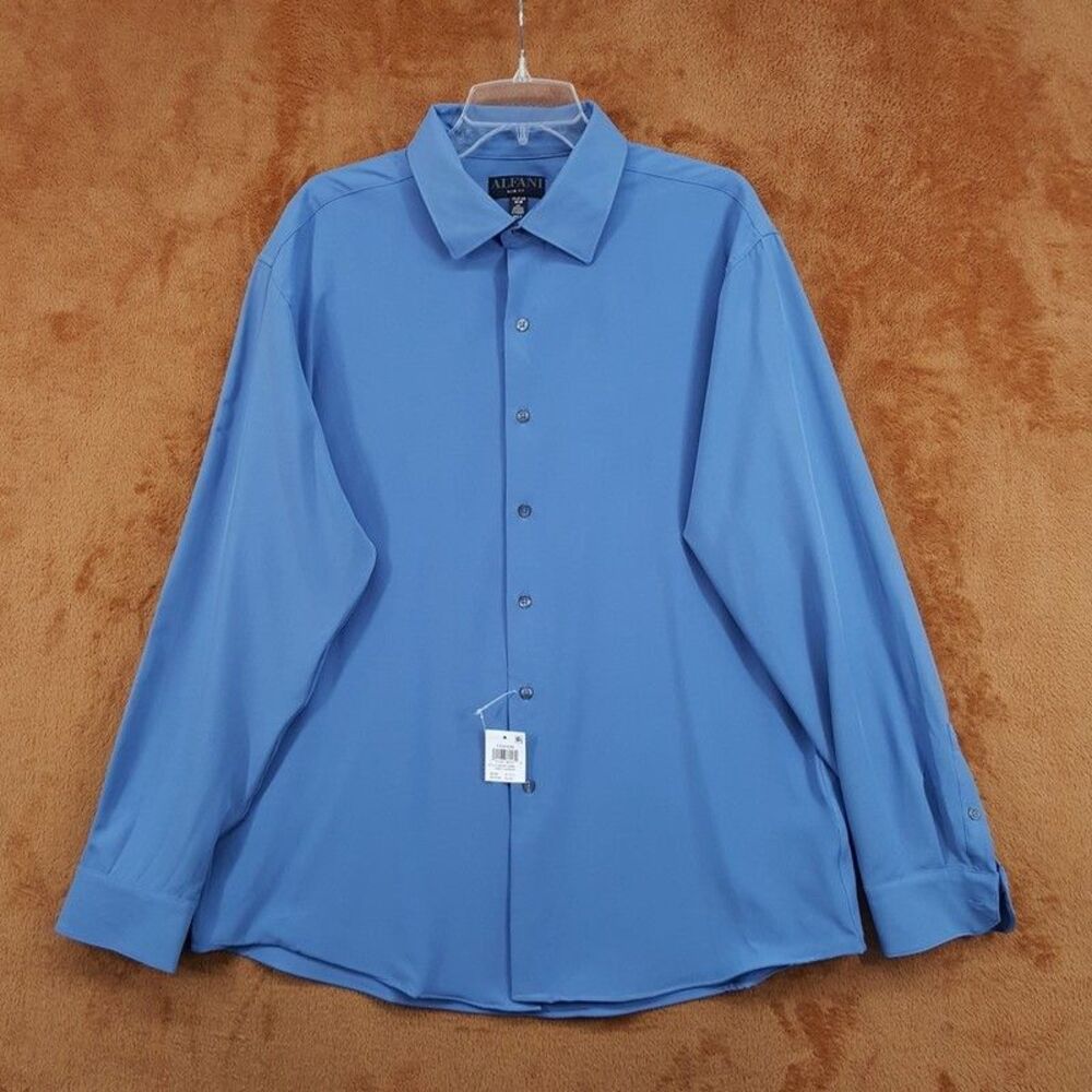 ALFANI Dress Shirt Mens Size 17 17.5 34 35 Solid Blue Slim Fit Stretch